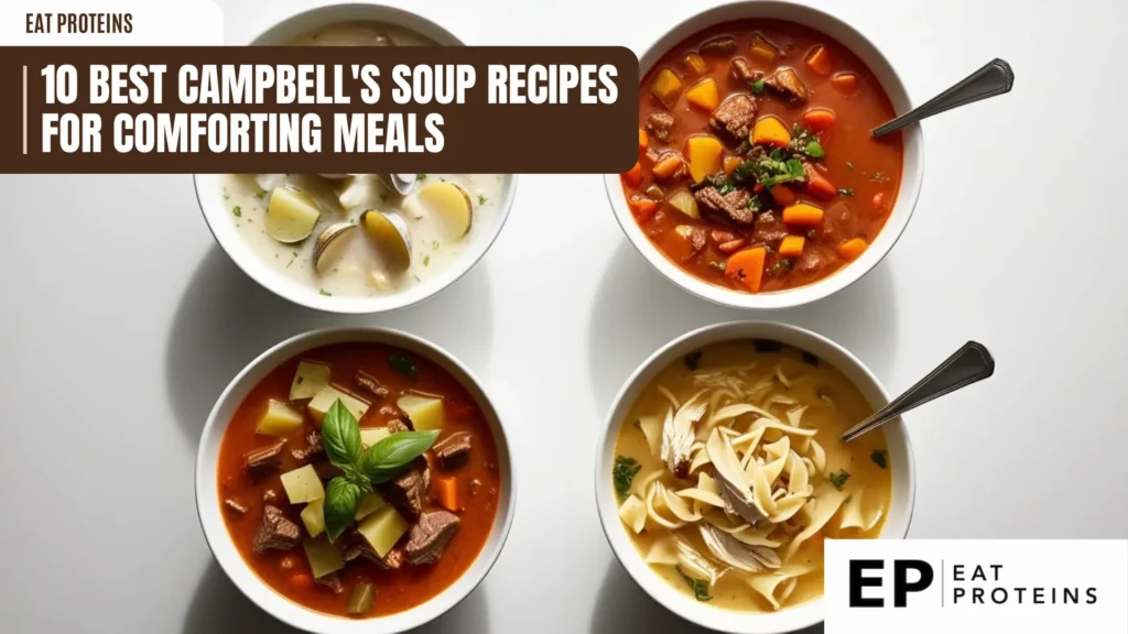 A collection of four bowls filled with different types of Campbell's soup. Each bowl showcases a variety of flavors, from creamy clam chowder to hearty beef stew. The image is accompanied by the text "10 Best Campbell's Soup Recipes for Comforting Meals," inviting viewers to explore these classic and comforting recipes.