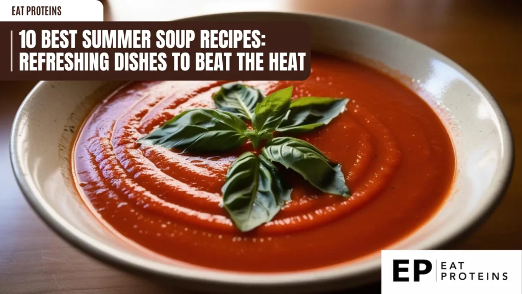 A bowl of vibrant tomato soup, garnished with fresh basil leaves. The soup looks smooth, rich, and inviting, perfect for a warm summer day. The image is accompanied by the text "10 Best Summer Soup Recipes: Refreshing Dishes to Beat the Heat."