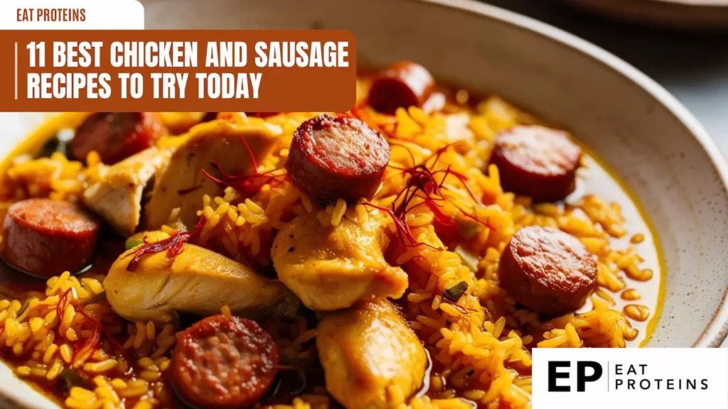 a bowl filled with chicken and sausage jambalaya, featuring pieces of chicken and sliced sausage mixed with yellow rice. the text overlay reads "11 best chicken and sausage recipes to try today" and includes the "eat proteins" logo. the image focuses on the jambalaya, showcasing its texture and color