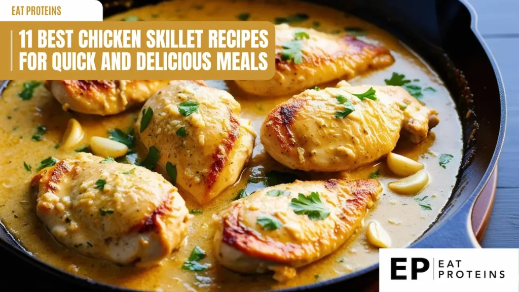 A skillet filled with golden-brown chicken breasts simmering in a creamy, golden sauce. The chicken is cooked to perfection and looks incredibly juicy and flavorful. The image is accompanied by the text "11 Best Chicken Skillet Recipes for Quick and Delicious Meals."