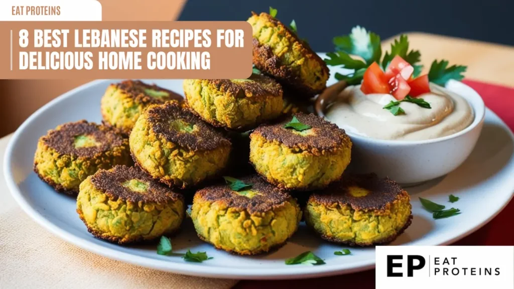 A plate of golden-brown falafel piled high, with a bowl of tahini sauce and fresh parsley on the side. The image is accompanied by the text "8 Best Lebanese Recipes for Delicious Home Cooking."