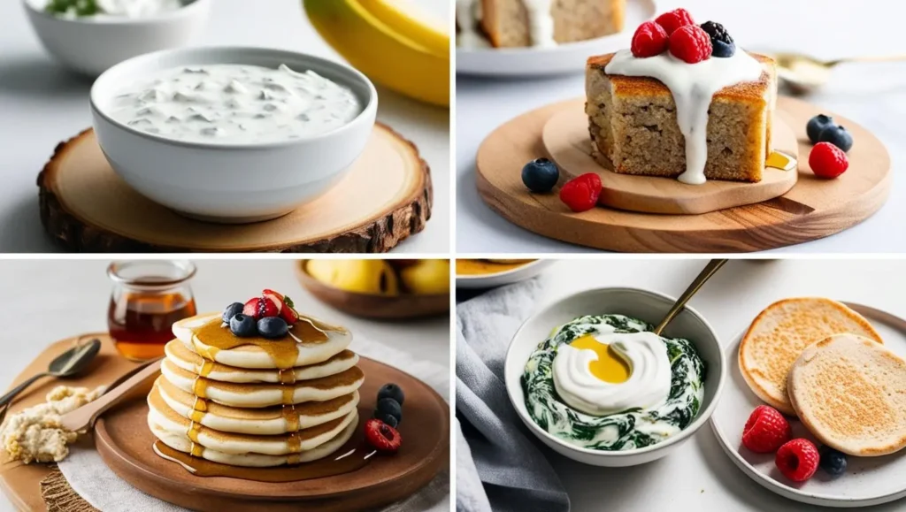 A collage of four images showcasing delicious ways to enjoy yogurt. The images show yogurt dip, yogurt-glazed banana bread, yogurt pancakes with fruit and syrup, and a spinach dip with yogurt. The image is accompanied by the text "15 Best Yogurt Recipes: Delicious and Nutritious Ways to Enjoy Yogurt."