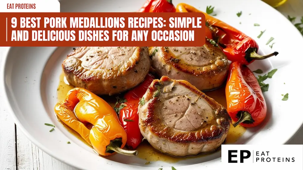 a white plate holds three cooked pork medallions, browned and seasoned, surrounded by roasted bell peppers. the text overlay reads "9 best pork medallions recipes: simple and delicious dishes for any occasion" and includes the "eat proteins" logo. the image focuses on the cooked pork and roasted peppers