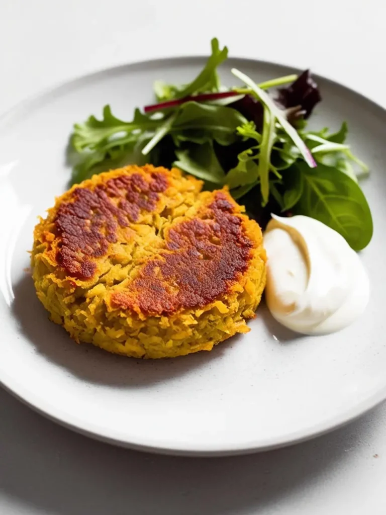 A golden-brown lentil cake plated alongside a fresh green salad and a dollop of creamy yogurt. The cake has a crispy exterior and a vibrant yellow color, suggesting a flavorful and nutritious dish.