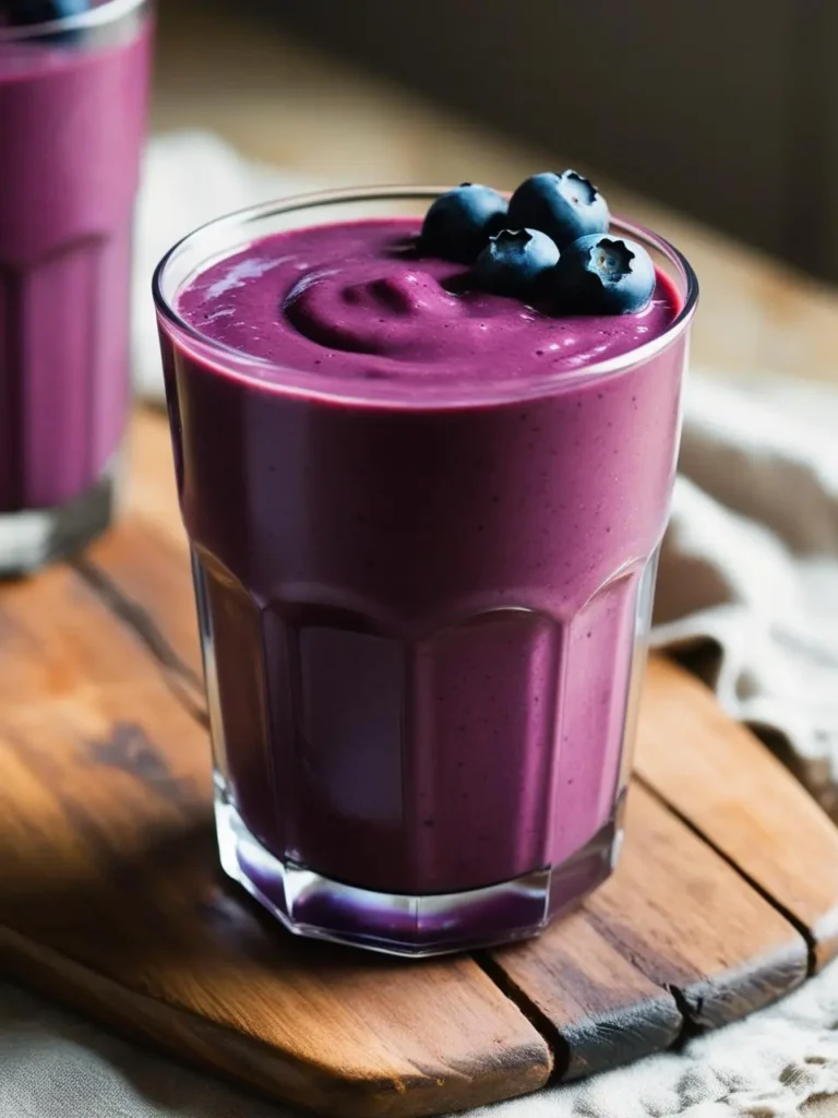 a close-up shot of a glass filled with a vibrant purple smoothie, garnished with fresh blueberries, resting on a wooden board. another glass, slightly out of focus, is visible in the background. the smoothie's texture is thick and creamy, and the blueberries add a pop of color