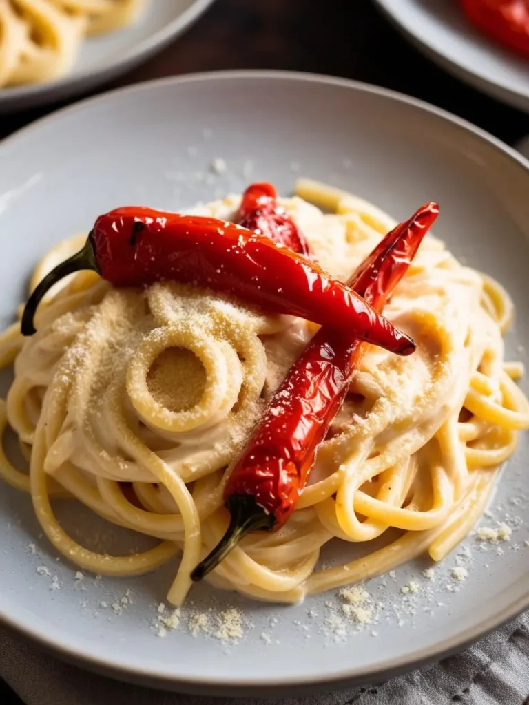 A plate of creamy spaghetti pasta topped with crispy red chili peppers and grated Parmesan cheese. The image evokes the warmth and richness of a hearty Italian dish.