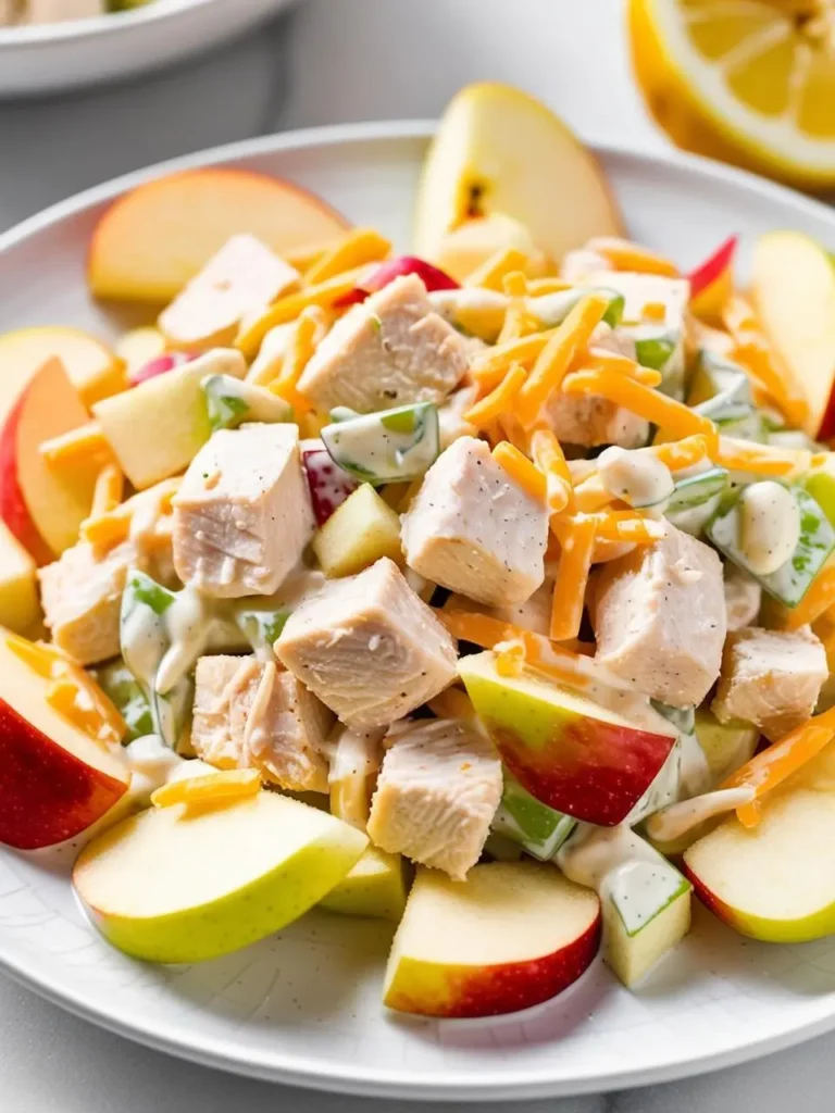 a plate with chicken and apple salad. the salad includes chopped chicken, apples, celery, and shredded cheese. a creamy dressing is visible. apple slices are arranged around the salad. a lemon half is in the upper right corner. another plate is partially visible in the upper left. the background is light