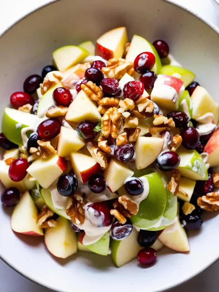 A bowl of colorful fruit salad with a festive twist. It's a mix of diced apples, cranberries, blueberries, and toasted walnuts, all tossed in a creamy dressing. The salad looks light and refreshing, perfect for a holiday gathering or a healthy treat.