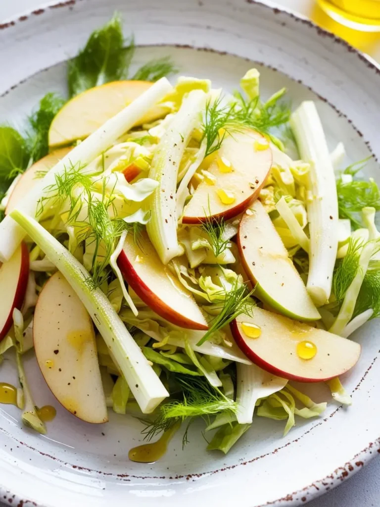 a plate with apple and fennel salad. the salad includes sliced apples, fennel stalks, shredded cabbage, and fennel fronds. a light dressing is drizzled over the salad. the plate is placed on a light surface. a small bottle of oil is visible in the upper right corner. the salad appears fresh and light