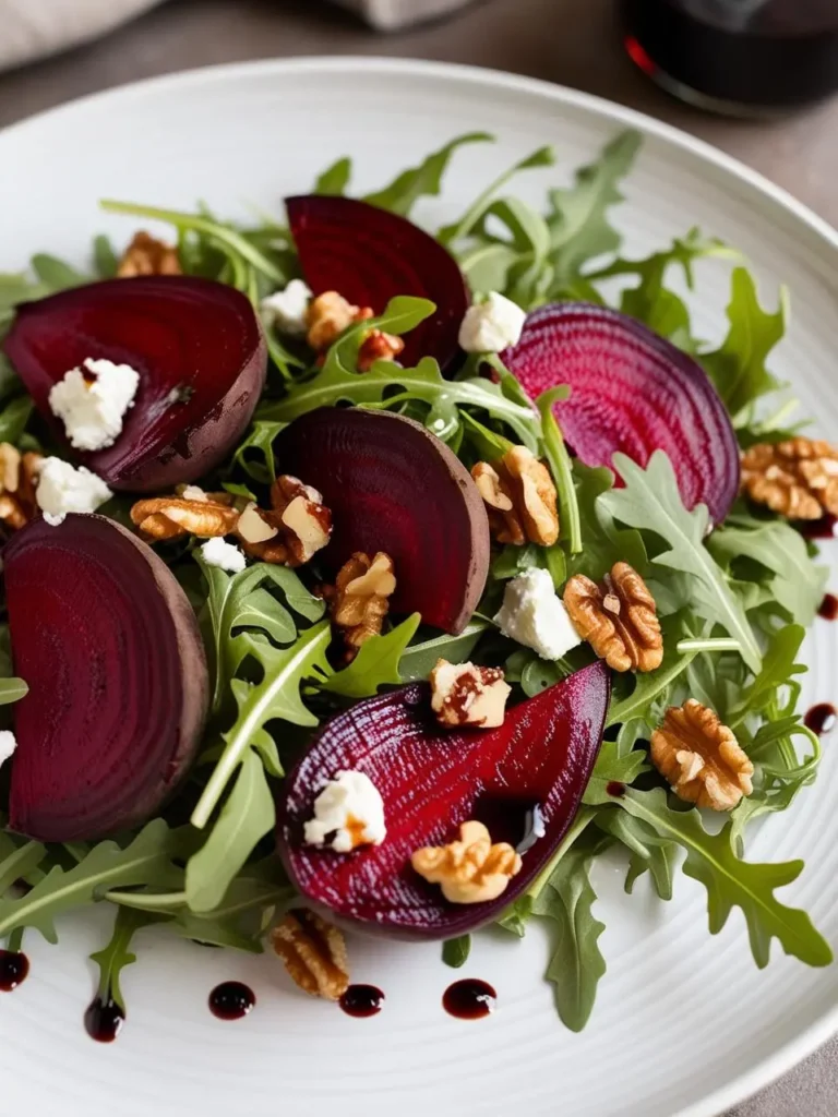 a beet salad on a white plate. the salad includes sliced beets, arugula, walnuts, and goat cheese. a dark balsamic glaze is drizzled over the salad. the beets are a deep red color. the arugula is green and leafy. a dark liquid is visible in the upper right corner