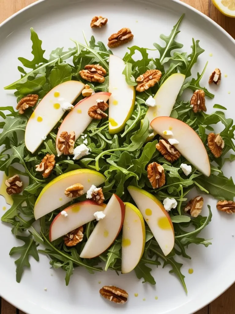 a light plate with arugula, pear slices, walnuts, and goat cheese. the pear slices are arranged in a circular pattern. the walnuts are scattered around the plate. small pieces of goat cheese are visible. a light dressing is drizzled over the salad. a lemon half is in the upper right corner