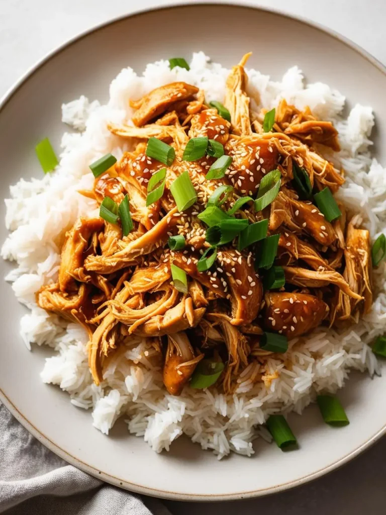 a gray plate holds a serving of pulled chicken, coated in a dark sauce and sprinkled with sesame seeds and green onions, atop a bed of white rice. the chicken is shredded and arranged loosely, and the sauce adds a glossy sheen. the plate sits on a light surface with a gray cloth