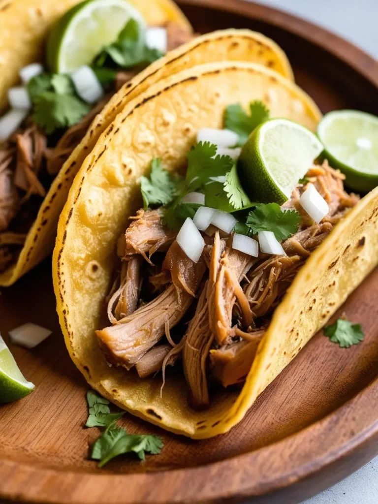 Two delicious-looking carnitas tacos. Each taco is filled with tender, slow-cooked pork, topped with fresh cilantro, diced onions, and a squeeze of lime. The tacos are arranged on a wooden platter, ready to be devoured.