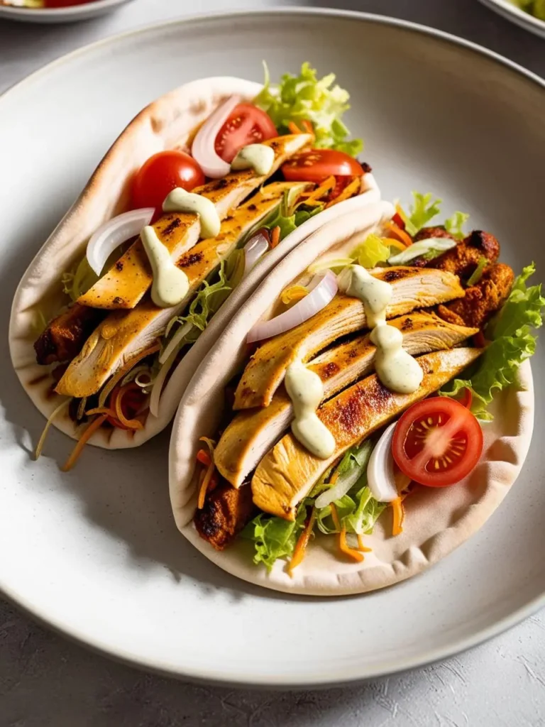 two pita wraps filled with sliced chicken, lettuce, tomato, and red onion sit on a gray plate. a creamy white sauce is drizzled over the chicken. the pita wraps are arranged loosely, and the ingredients are visible. the plate sits on a light surface, and the wraps appear to be flavorful