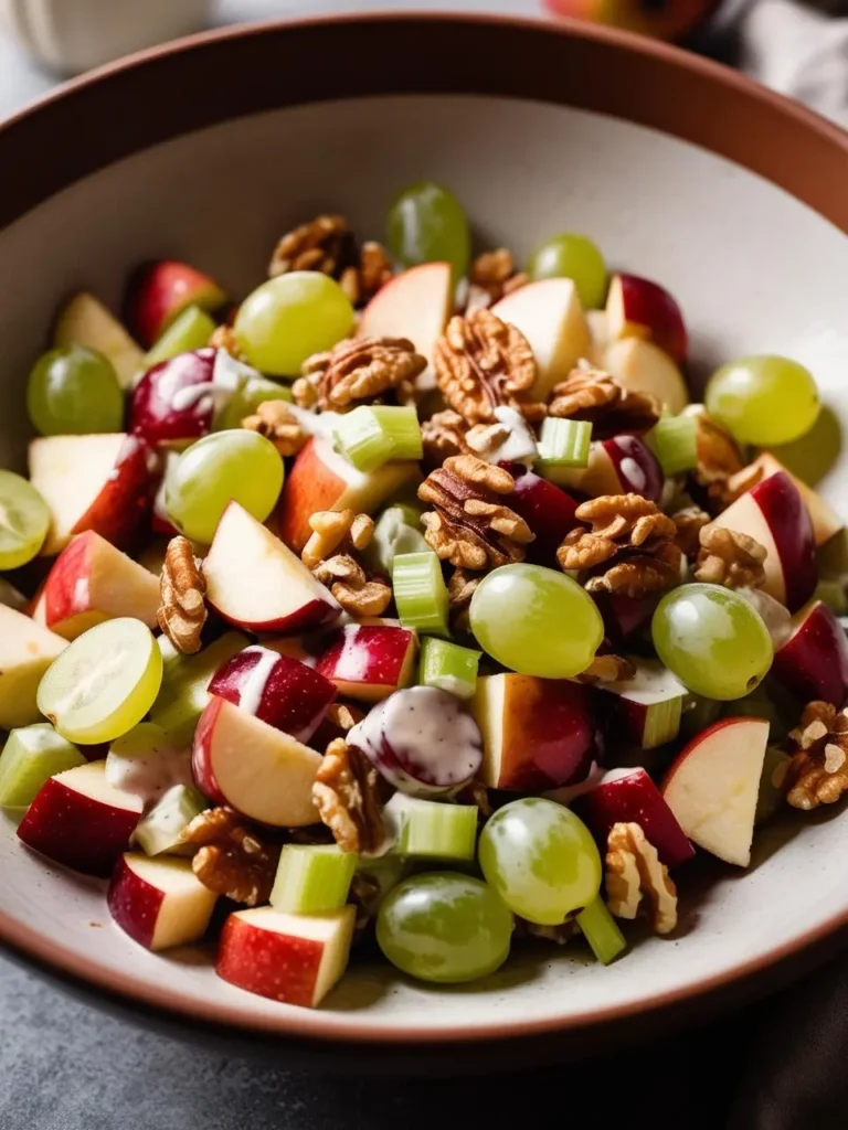 A bowl of Waldorf salad, a colorful mix of diced apples, grapes, celery, and toasted walnuts. The salad is lightly dressed and looks light and refreshing. The image evokes the freshness of the ingredients and the promise of a delicious and healthy meal.