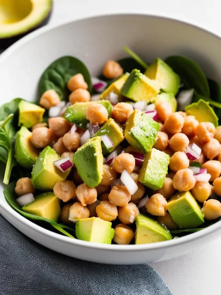 A vibrant and healthy salad featuring creamy avocado chunks, chickpeas, and a sprinkle of red onion. The salad is served on a bed of fresh spinach leaves and looks light and refreshing. The image evokes the freshness of the ingredients and the promise of a delicious and wholesome meal.