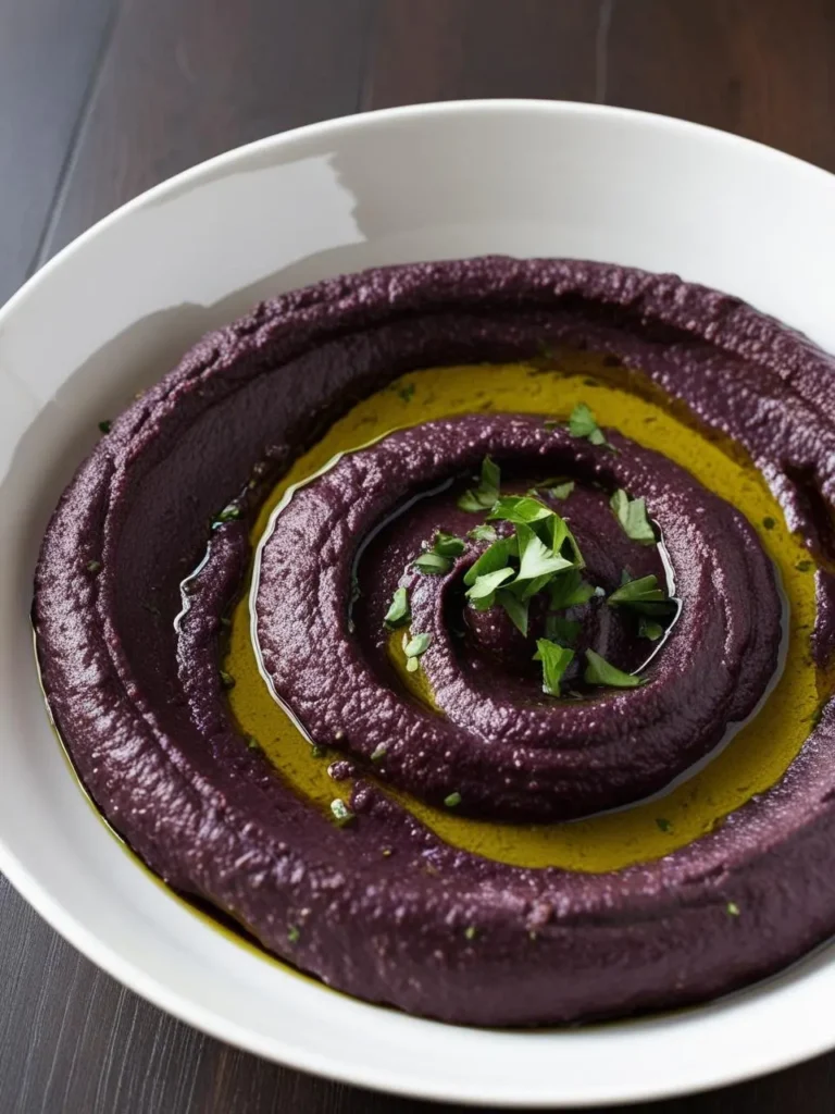 A bowl of vibrant purple beet hummus. The hummus is smooth and creamy, with swirls of olive oil and a sprinkle of fresh parsley. The image evokes the earthiness of the beets and the promise of a flavorful and healthy dip.