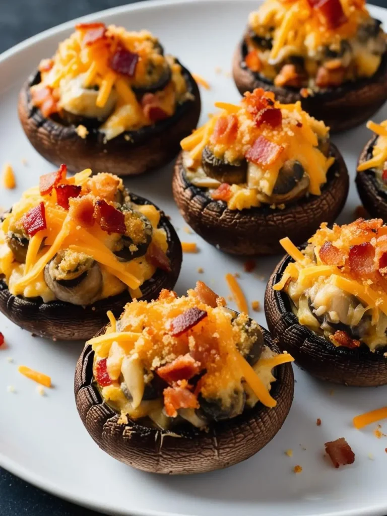 A plate of savory stuffed mushrooms. Each mushroom cap is filled with a creamy cheese mixture and topped with crumbled bacon and shredded cheese. The mushrooms look incredibly appetizing and perfect for a party or gathering.