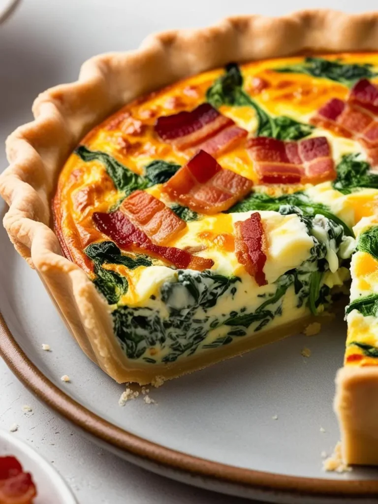 A golden-brown quiche with a flaky crust, filled with a savory mixture of spinach, eggs, and cheese. Strips of crispy bacon are scattered across the top, adding a touch of texture and flavor. The quiche looks incredibly appetizing and perfect for a brunch or dinner.