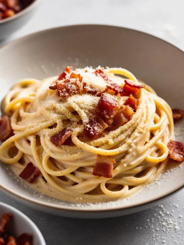 A plate of creamy spaghetti carbonara. The pasta is coated in a rich sauce of eggs, cheese, and pancetta, and topped with additional crispy bacon bits and grated Parmesan cheese. The image evokes the aroma of savory bacon and the promise of a delicious and satisfying meal.