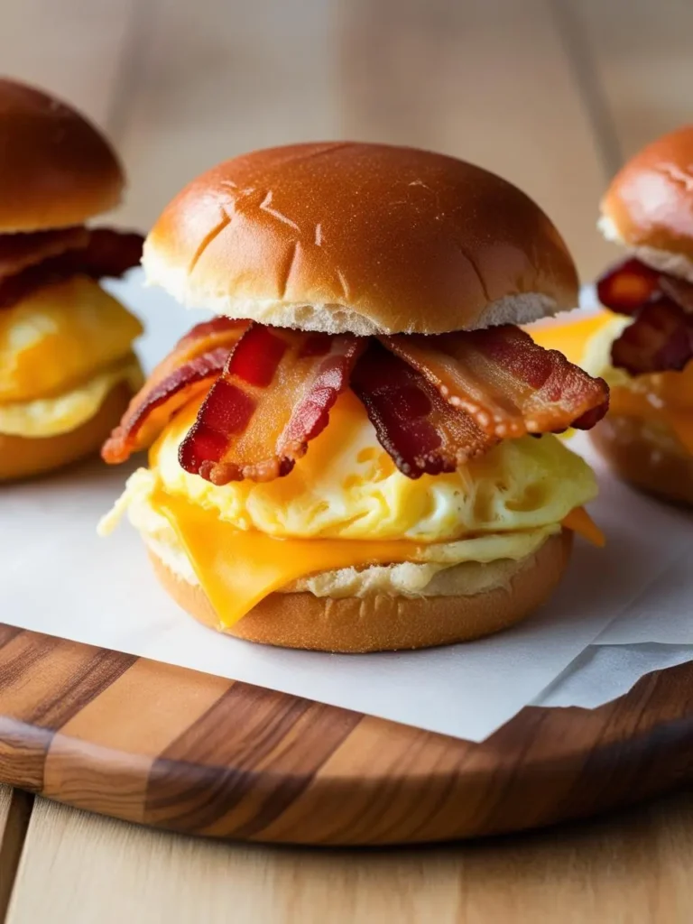 A close-up of a breakfast sandwich on a wooden board. The sandwich is piled high with crispy bacon, a fluffy egg patty, and melted cheese, all nestled between two halves of a toasted bun. The image evokes the aroma of sizzling bacon and the promise of a hearty and satisfying breakfast.