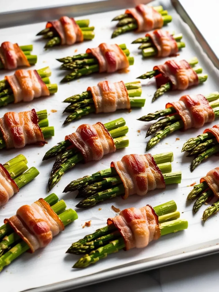 A baking sheet filled with rows of bacon-wrapped asparagus. The asparagus spears are tightly wrapped in strips of bacon, creating a delicious and visually appealing appetizer. The image evokes the aroma of crispy bacon and the promise of a flavorful and satisfying treat.