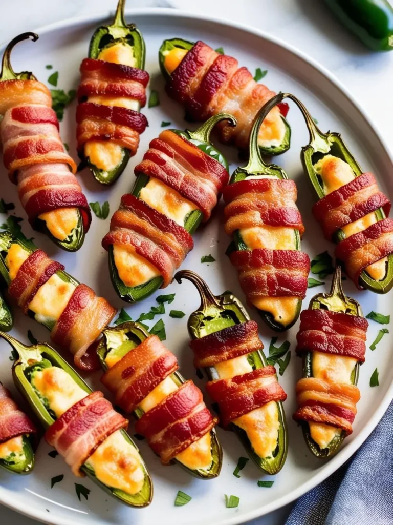 A platter of golden-brown bacon-wrapped jalapeño poppers. Each jalapeño is stuffed with a creamy cheese filling and wrapped in crispy bacon. The image evokes the spicy and savory flavors of this popular party appetizer.