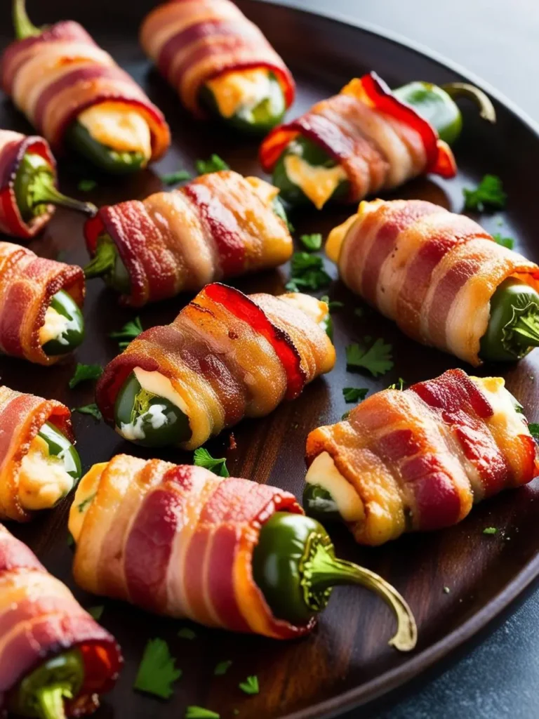 A platter of bacon-wrapped jalapeño poppers. The jalapeños are stuffed with a creamy cheese filling and tightly wrapped in strips of crispy bacon. The poppers are arranged on a wooden platter and sprinkled with fresh parsley. The image evokes the aroma of smoky bacon and the promise of a spicy and satisfying appetizer.