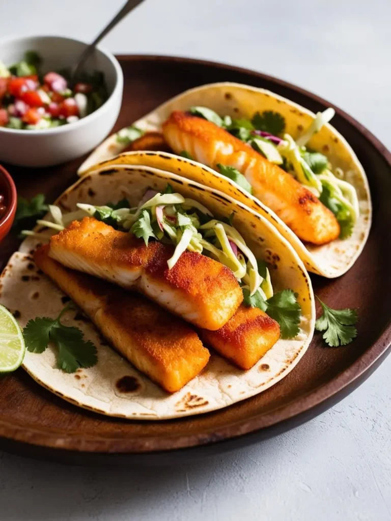 Three golden-brown fish tacos on a wooden platter. Each taco is filled with flaky fish, topped with a colorful slaw, and garnished with fresh cilantro. A bowl of salsa and a lime wedge add a pop of color and freshness. The image evokes the flavors of the ocean and a light, summery meal.