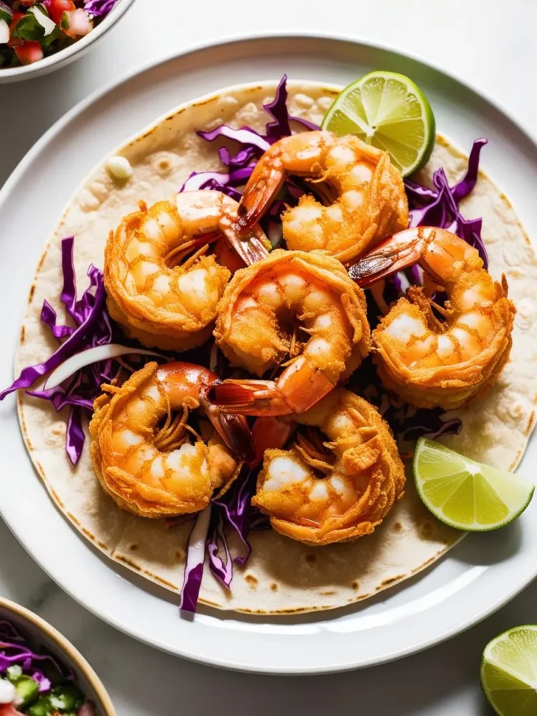 a shrimp taco on a white plate. the taco includes cooked shrimp, shredded red cabbage, and lime wedges on a tortilla. the shrimp are golden brown and curled. the cabbage is purple and shredded. the lime wedges are bright green. small bowls with ingredients are visible in the corners. the background is a light surface