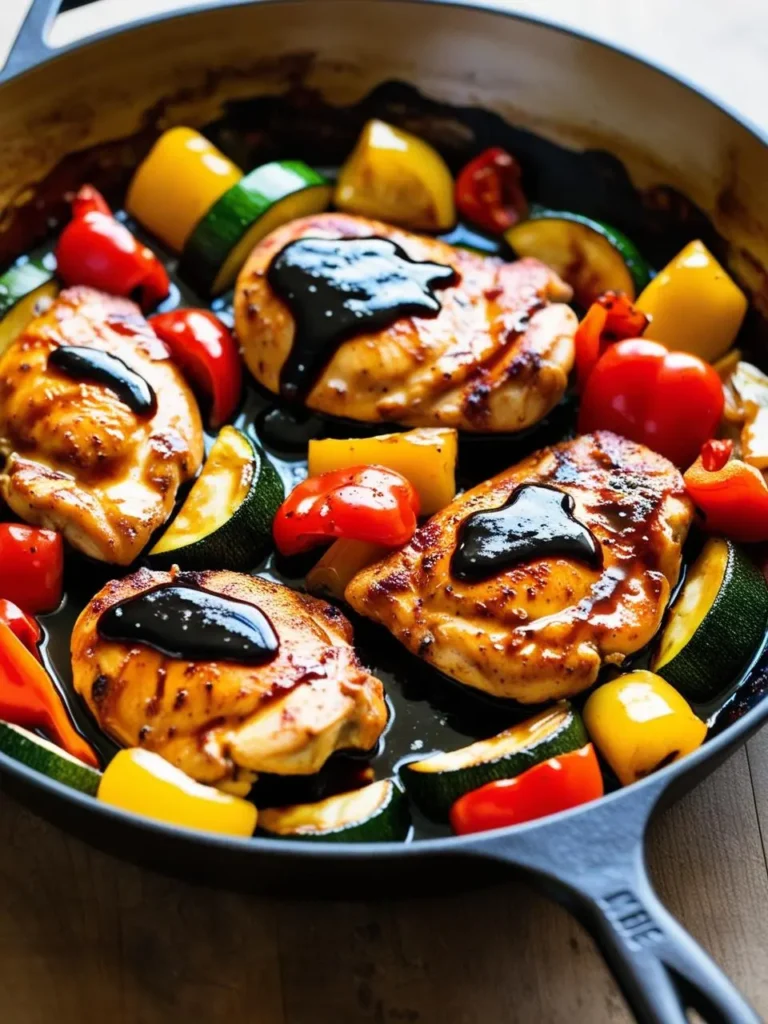 A cast-iron skillet filled with a vibrant and flavorful one-pan meal. Juicy chicken breasts are glazed with a rich, sticky sauce and nestled amongst roasted vegetables like zucchini, bell peppers, and cherry tomatoes. The dish looks incredibly appetizing and perfect for a healthy and satisfying meal.