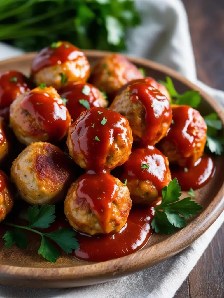 A platter of juicy, golden-brown meatballs smothered in a rich and vibrant red sauce. The meatballs are nestled on a bed of fresh parsley, creating a visually appealing and appetizing dish. The image evokes the aroma of savory spices and the promise of a flavorful and satisfying meal.