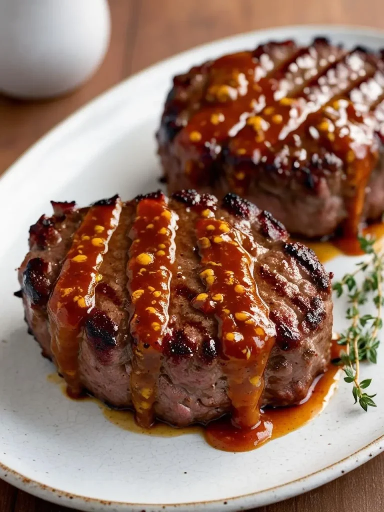 two cooked steaks on a white oval plate, drizzled with a glossy orange sauce. the steaks have grill marks and a slightly browned exterior. a few sprigs of thyme are on the side. a white bowl is partially visible in the upper left corner, and the background is a blurred brown surface