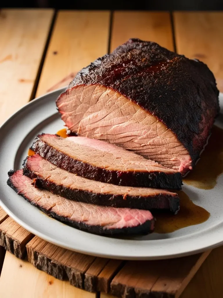 A perfectly smoked brisket, sliced and served on a white plate. The brisket has a dark, mahogany crust and is sliced to reveal its tender, juicy interior. The image evokes the aroma of smoky barbecue and the promise of a delicious meal.