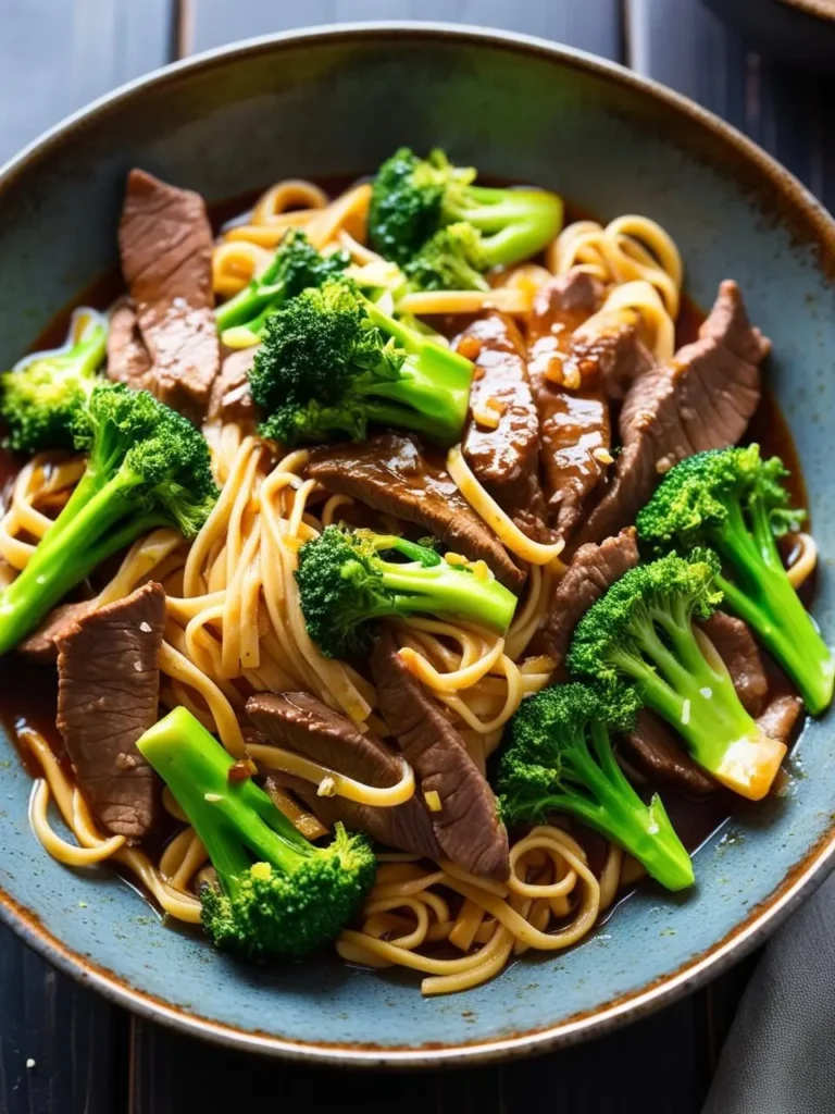 A bowl of beef and broccoli stir-fry served over noodles. The beef is tender and coated in a rich, savory sauce, and the broccoli florets are vibrant green. The image evokes the aroma of fresh ginger and the promise of a delicious and satisfying meal.