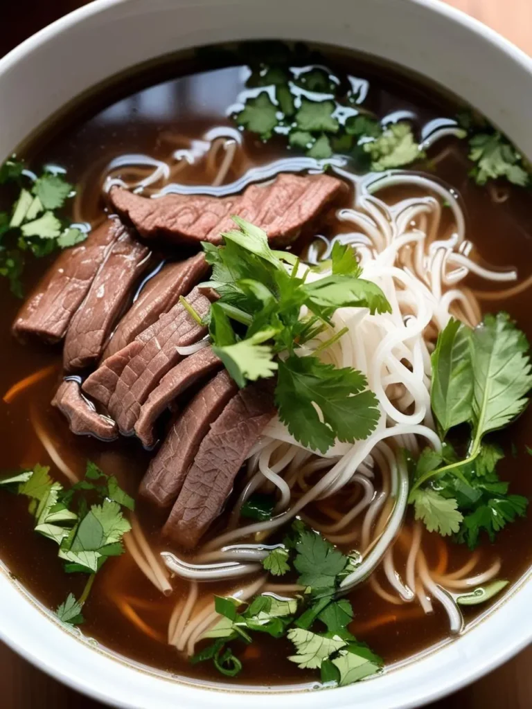 A steaming bowl of pho, a Vietnamese noodle soup. The broth is rich and flavorful, topped with tender slices of beef, rice noodles, and fresh cilantro. The image evokes the aroma of savory spices and the promise of a warm and comforting meal.