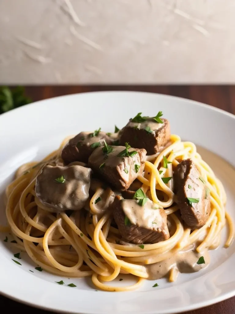 A plate of spaghetti with creamy beef stew. Tender chunks of beef are simmered in a rich, creamy sauce and served over a bed of spaghetti. The dish looks incredibly appetizing and perfect for a satisfying meal.