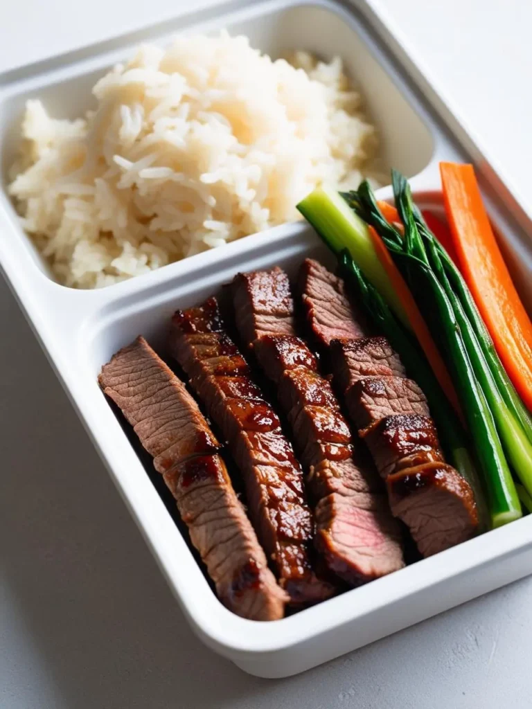 A meticulously arranged meal prep container showcases a balanced meal: fluffy white rice, vibrant raw carrots and asparagus, and sliced grilled steak glistening with a rich sauce, all neatly packed in a white rectangular container.