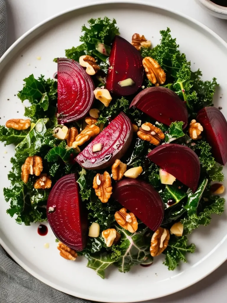 a kale, beet, and walnut salad on a white plate. the plate is placed on a light gray surface. the salad includes chopped kale, sliced beets, and walnuts. a light dressing is drizzled over the salad. the beets are a deep red color. the kale is green and leafy