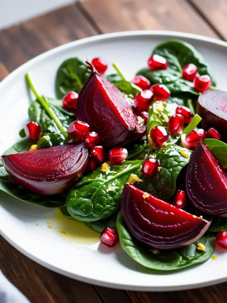 a beet and pomegranate salad on a white plate. the salad includes sliced beets, spinach leaves, and pomegranate seeds. a light dressing is drizzled over the salad. the plate is placed on a wooden surface. the beets are a deep red color. the spinach is green and leafy