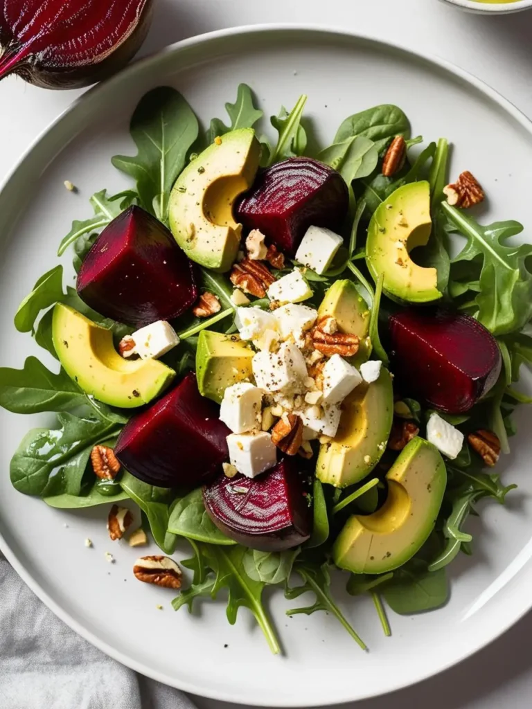 a beet salad on a white plate. the salad includes cubed beets, sliced avocado, feta cheese, arugula, and pecans. a light dressing is drizzled over the salad. a half-beet is visible in the upper left corner, and a small bowl is in the upper right. a gray cloth is in the lower left