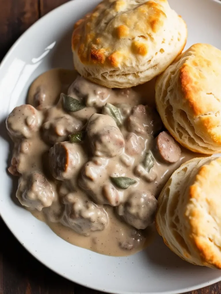 A plate of sausage gravy with three golden brown biscuits. The gravy is rich and creamy, studded with pieces of sausage and garnished with fresh sage leaves. The image evokes the aroma of savory spices and the promise of a warm and comforting breakfast.