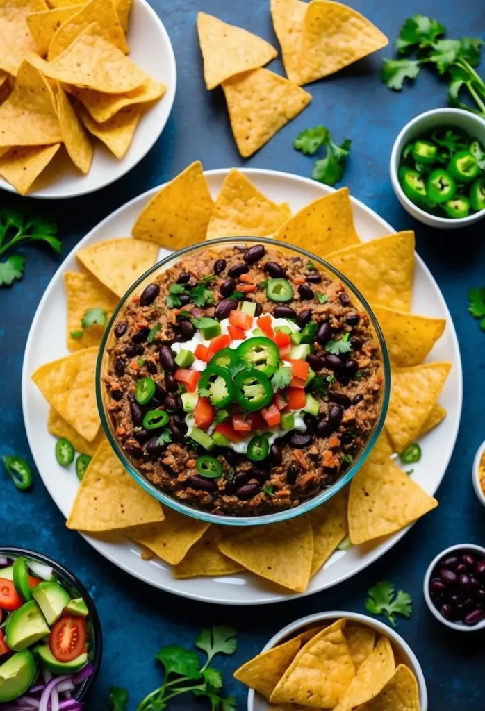 A vibrant and inviting scene of a party spread. A large bowl of layered dip takes center stage, with colorful toppings like tomatoes, black beans, and avocado. Tortilla chips are scattered around, along with bowls of fresh cilantro and sliced jalapeños. The image evokes a sense of fun and sharing.