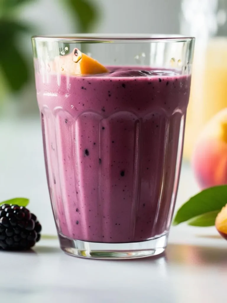 a clear glass filled with a purple smoothie sits on a light surface. the smoothie is garnished with a slice of peach and has visible specks of blackberries. a blackberry and a peach half with leaves are placed beside the glass, suggesting the smoothie's ingredients. the background is softly blurred