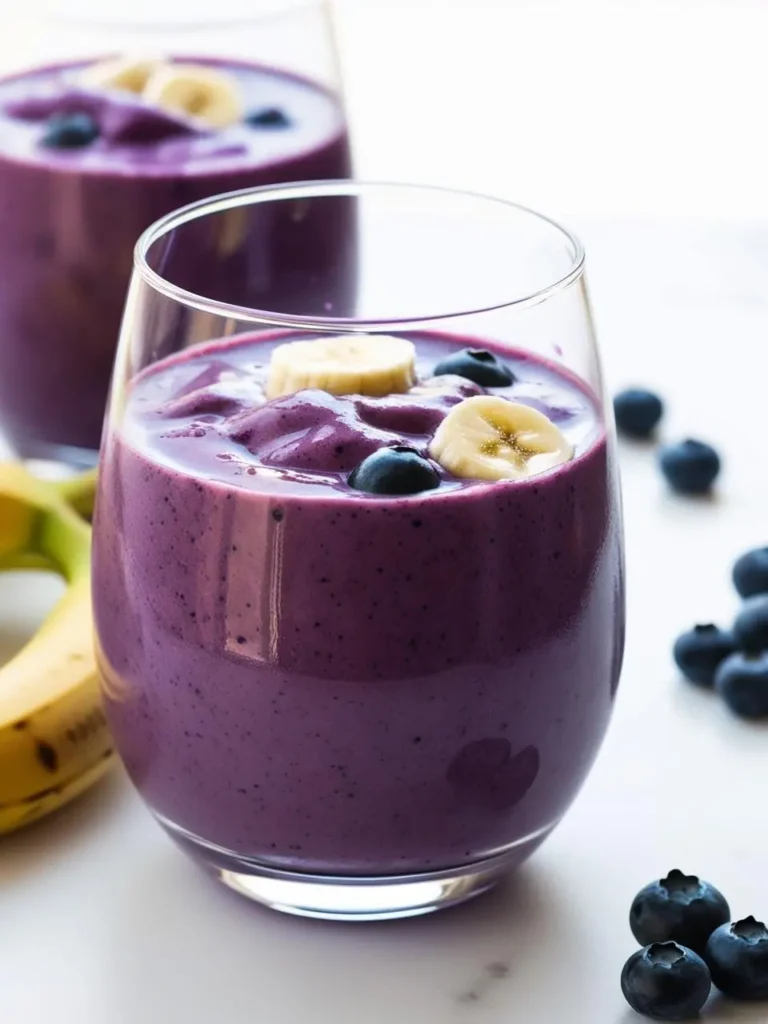 two glasses filled with a vibrant purple smoothie, garnished with sliced bananas and blueberries, sit on a white marble surface. the smoothie in the foreground is in focus, while the one in the background is slightly blurred. loose blueberries and a banana are scattered around the glasses