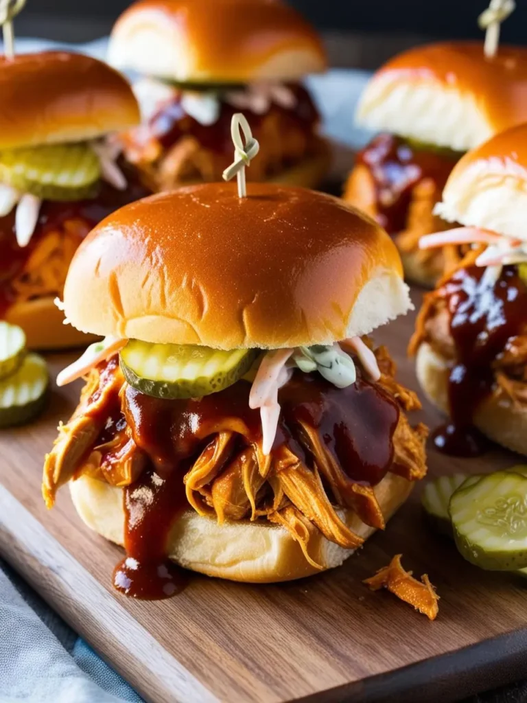 several pulled chicken sliders are arranged on a wooden board, each with a glossy bun, pulled chicken, dark sauce, coleslaw, and pickle slices. the sliders are arranged loosely, and the sauce adds a rich, flavorful element. the board sits on a light surface, and the sliders appear to be appetizing