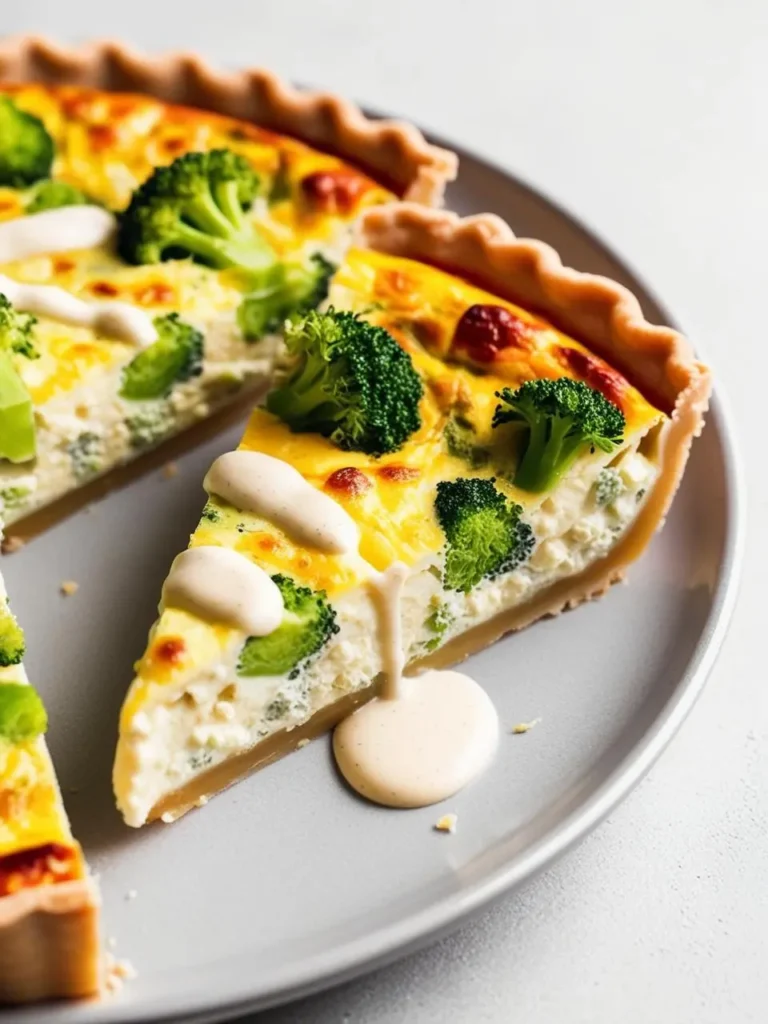 A golden-brown quiche with a flaky crust, filled with a savory mixture of broccoli, eggs, and cheese. A slice has been removed, revealing the creamy filling. The quiche is drizzled with a creamy sauce, adding a touch of richness and flavor. The image evokes the aroma of fresh vegetables and the promise of a delicious and satisfying meal.