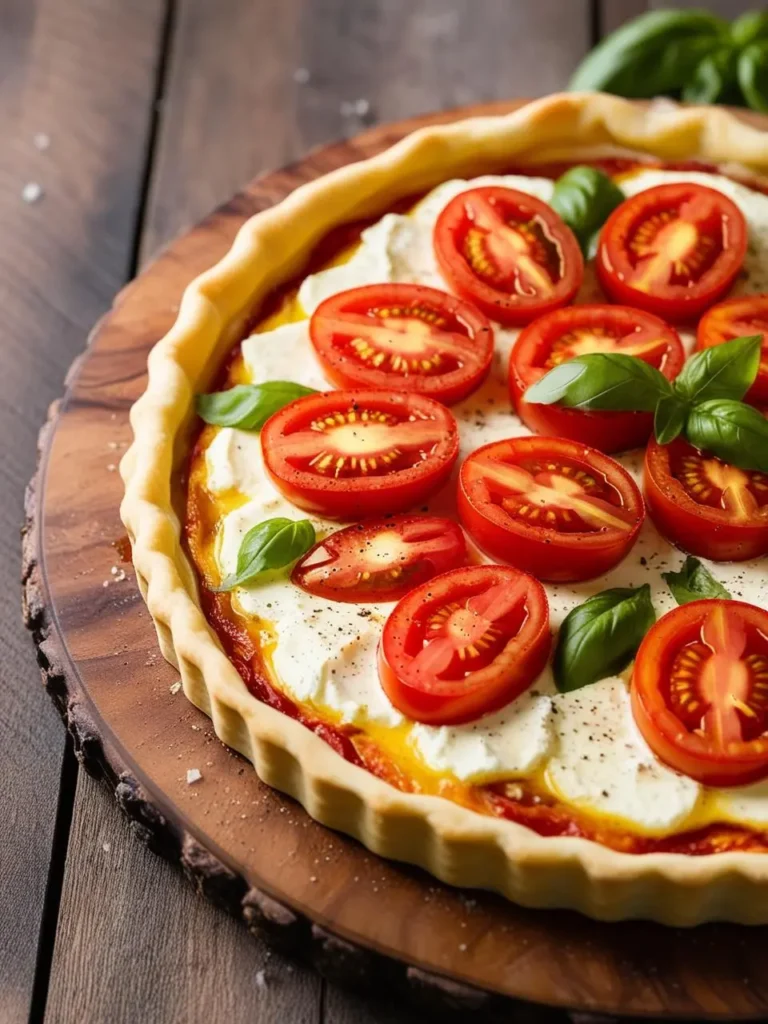 A rustic tomato and mozzarella tart. Fresh, ripe tomatoes are sliced and arranged on a bed of creamy mozzarella cheese, all nestled in a golden-brown crust. The tart is sprinkled with fresh basil leaves and black pepper, adding a touch of freshness and flavor. The image evokes the aroma of warm crust and the promise of a delicious and satisfying meal.