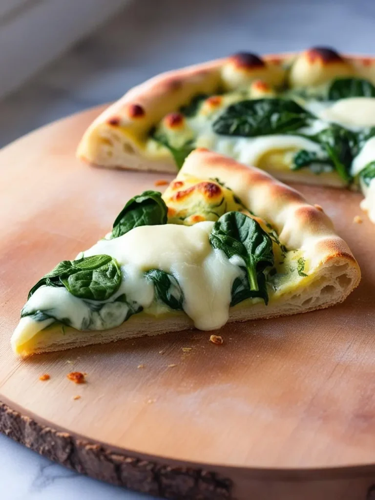 A slice of spinach and cheese pizza resting on a wooden board. The pizza has a thin crust, melted cheese, and fresh spinach leaves. The image evokes the aroma of fresh herbs and the promise of a delicious and satisfying meal.