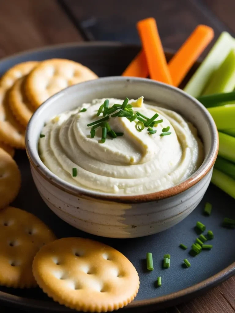 A bowl of creamy hummus garnished with chopped chives. The hummus is served with a platter of crackers, carrot sticks, and celery sticks, making it a perfect healthy and satisfying snack or appetizer.